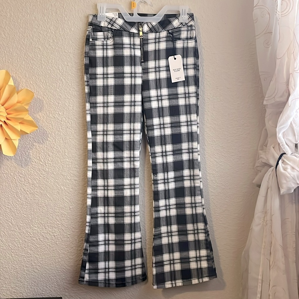 Forever 21 Kids Girls 11/12 Mid Rise Slim Fit Flare Leg Adjustable Plaid